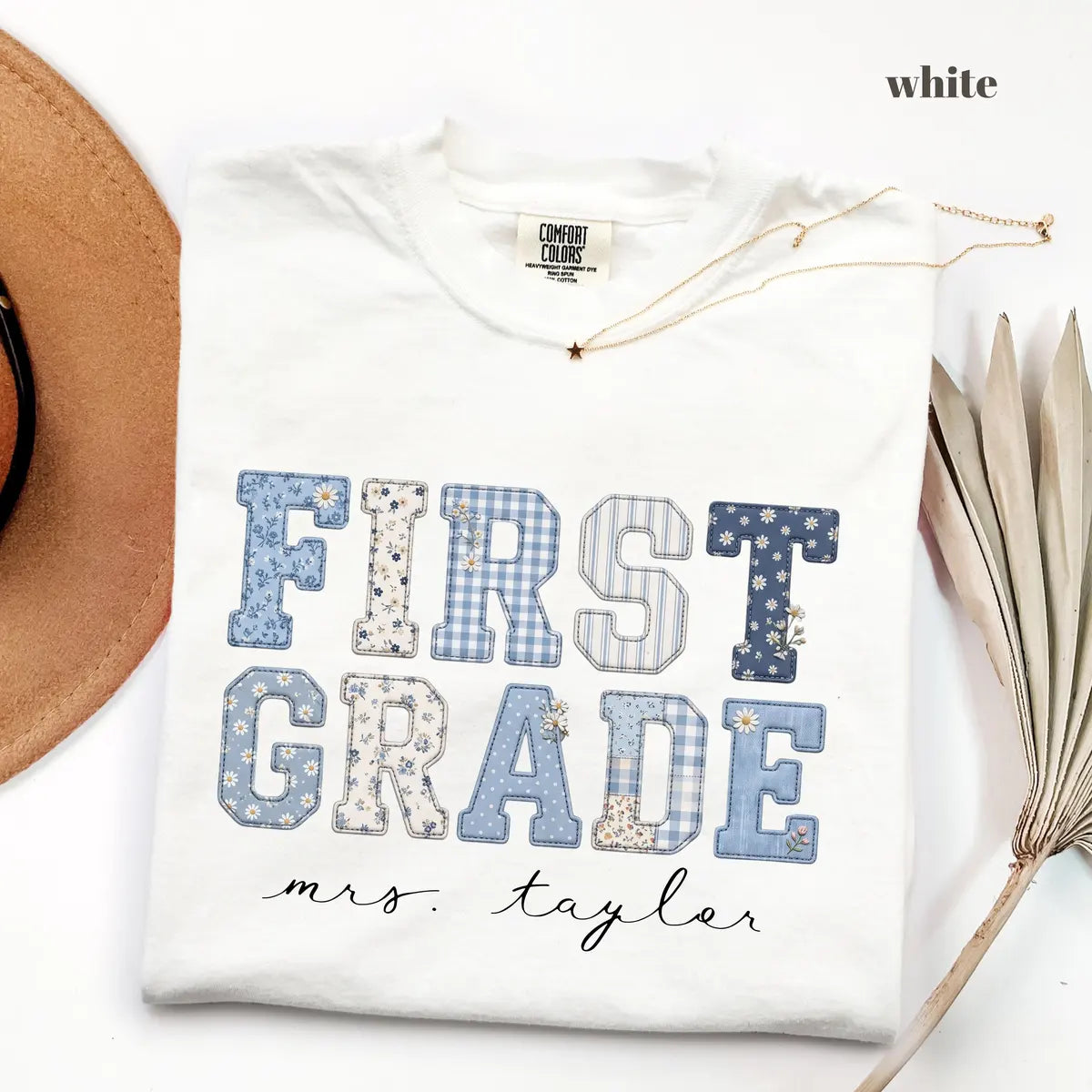 White Comfort Colors 1717 T-shirt with First Grade Teacher design
