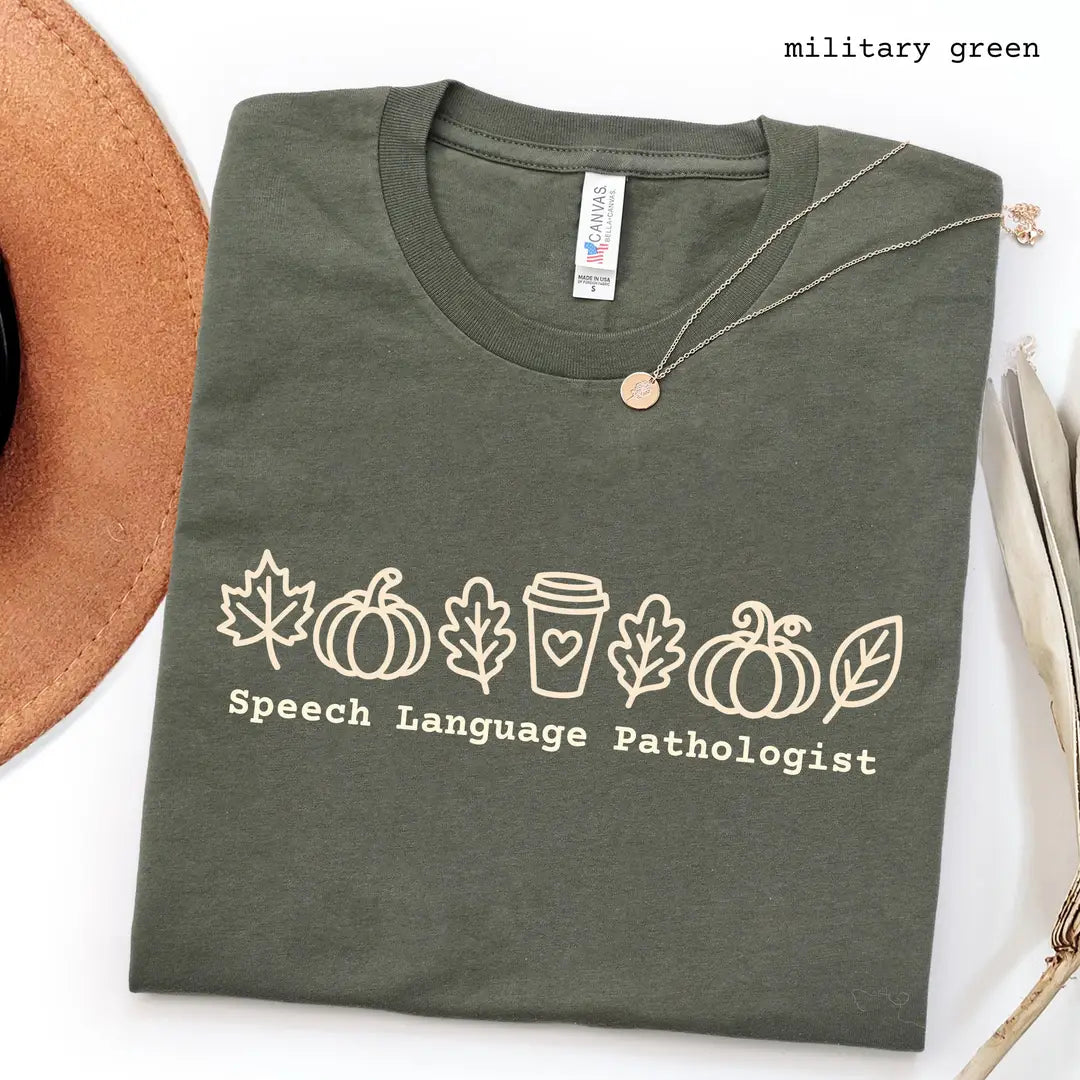 Military Green Bella Canvas 3001 T-shirt with Speech Language Pathologist design