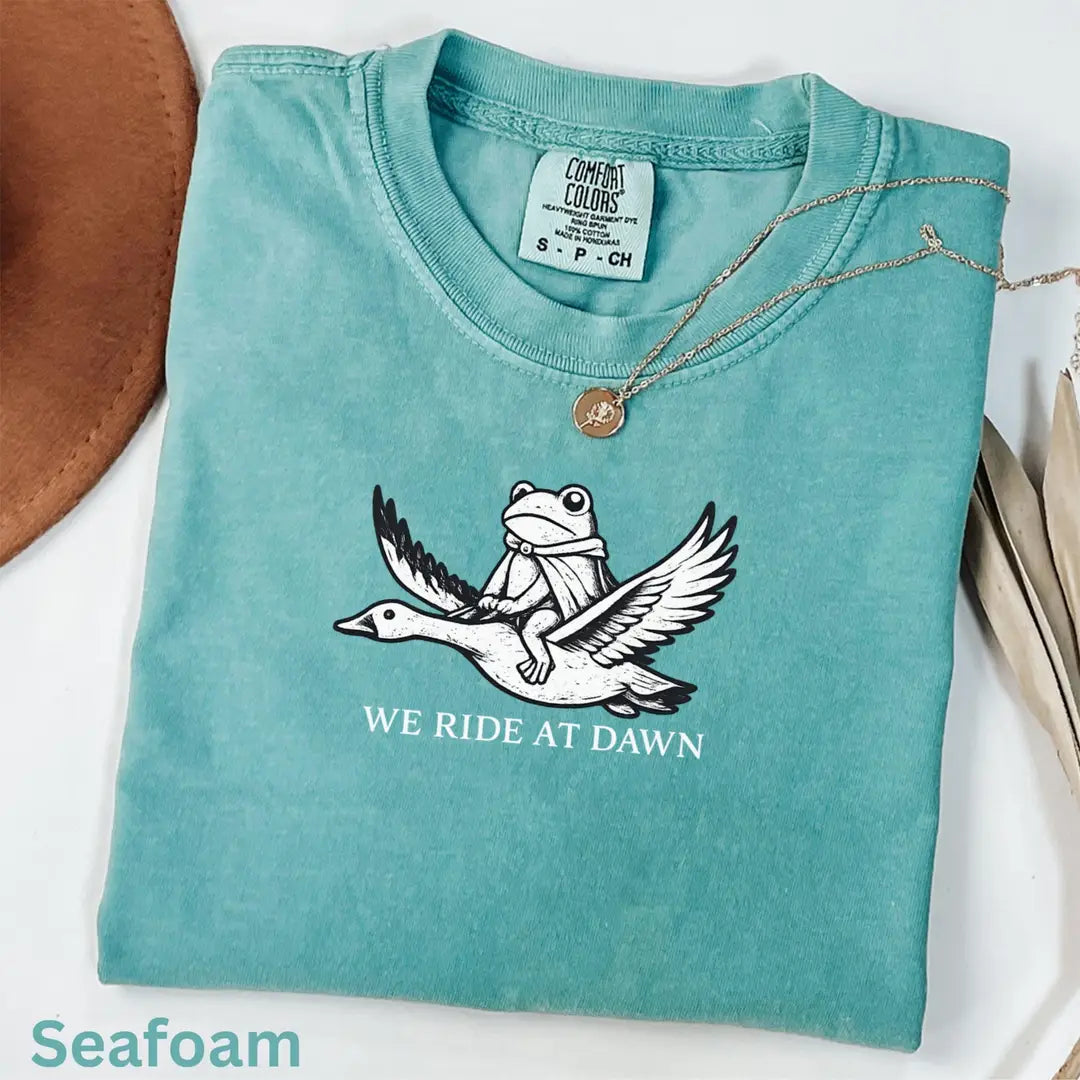 Seafoam Comfort Colors 1717 T-shirt with We Ride at Dawn design, alternate product view.