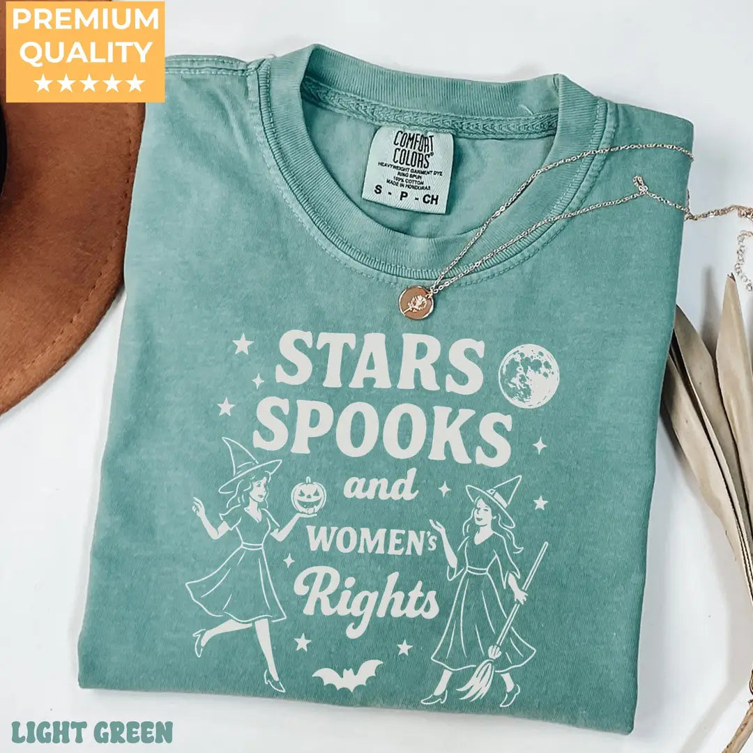 Stars Spooks & Women's Rights - Witch Halloween Comfort Colors T-Shirt alternate product view in Light Green.