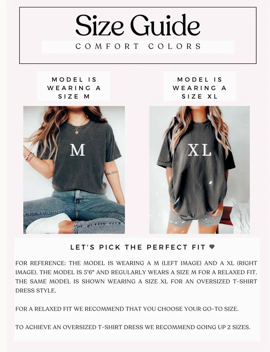 Comfort Colors 1717 T-shirt size chart showing the available adult garment measurements.