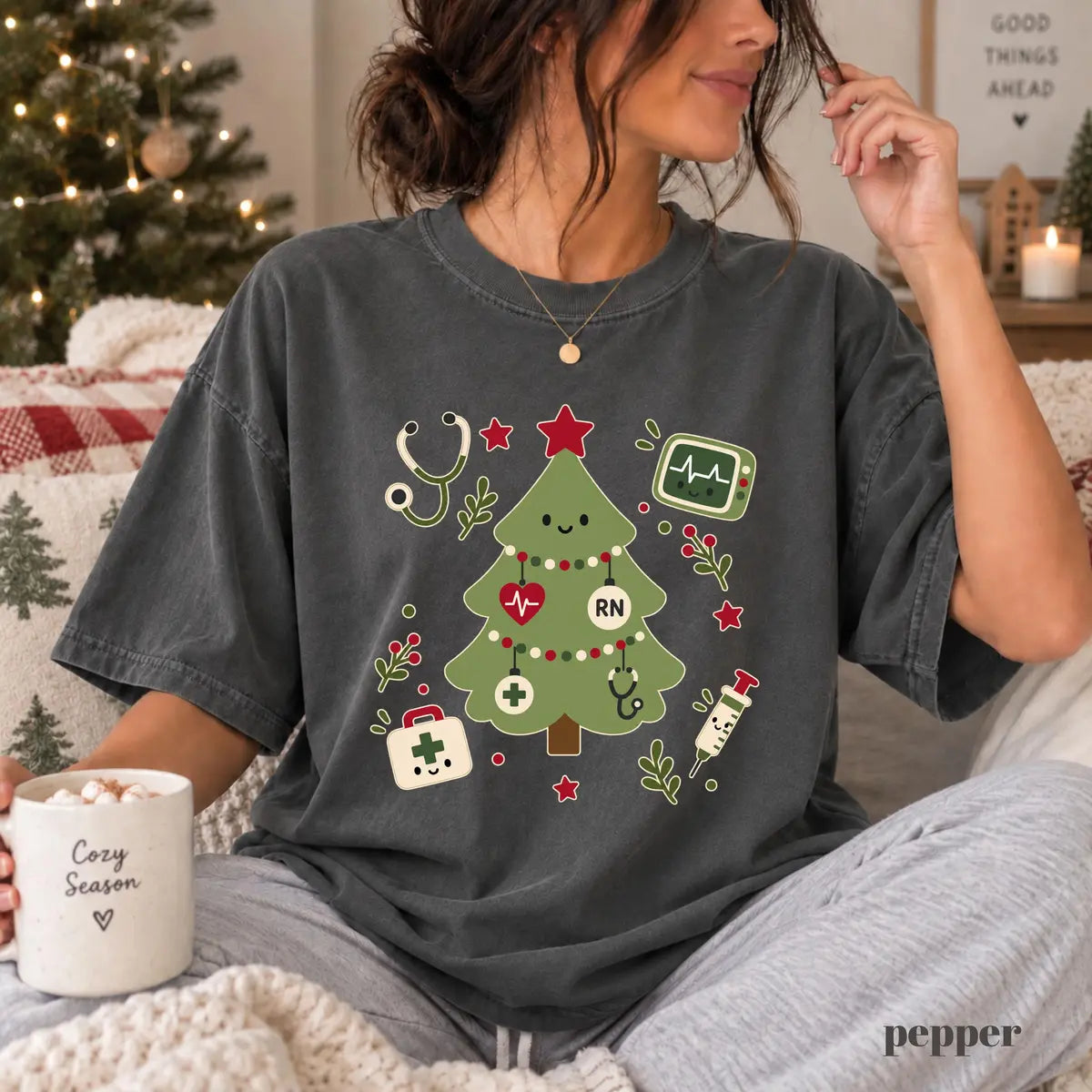 Pepper Comfort Colors 1717 T-shirt with Christmas Tree Nurse design