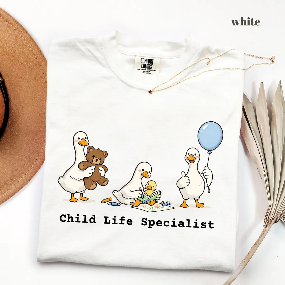 White Comfort Colors 1717 T-shirt with Child Life Specialist design