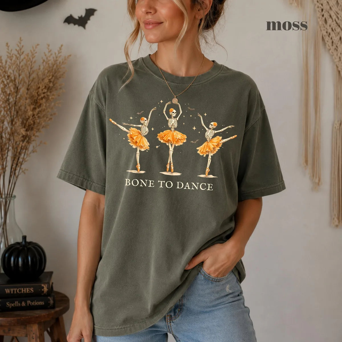 Moss Comfort Colors 1717 T-shirt with Bone To Dance design worn by a model