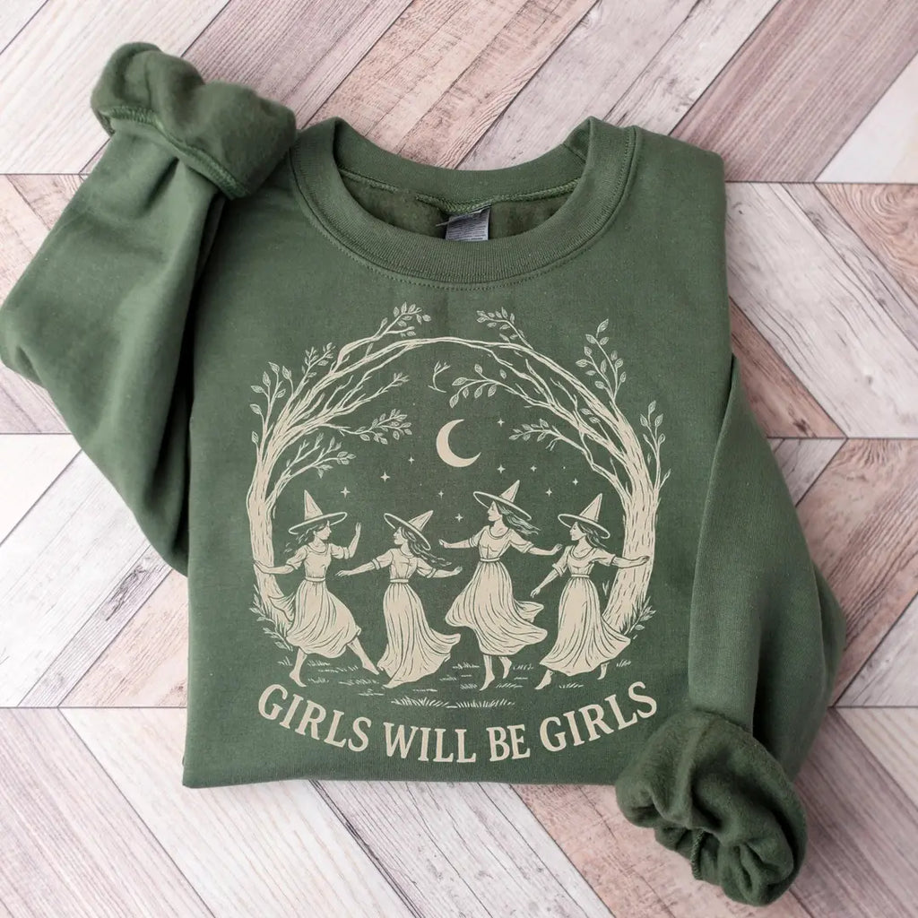 Crewneck sweatshirt with printed Vintage Girls Will Be Girls Witch design, hero view.