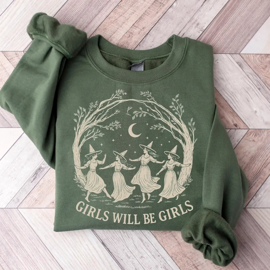 Crewneck sweatshirt with printed Vintage Girls Will Be Girls Witch design, hero view.