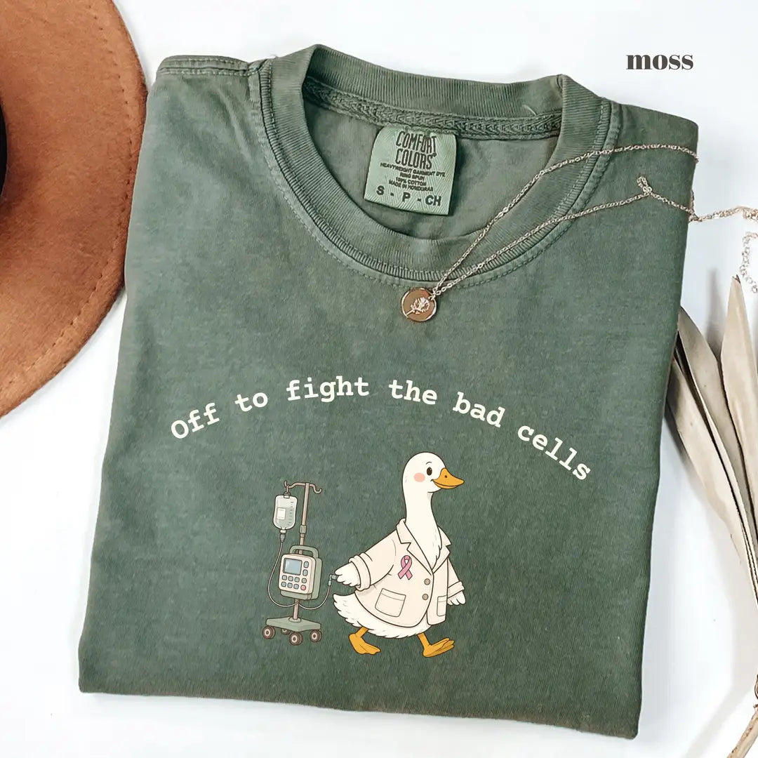 Moss Comfort Colors 1717 T-shirt with Off to Fight the Bad Cells design worn by a model