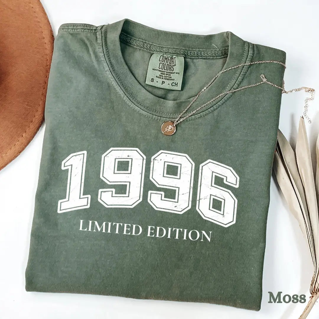 Moss Comfort Colors 1717 T-shirt with Birth year design, alternate product view.