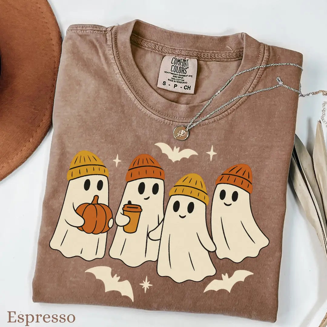 Cozy Beanie Ghosts - Fall Halloween Comfort Colors T-Shirt alternate product view in Espresso.