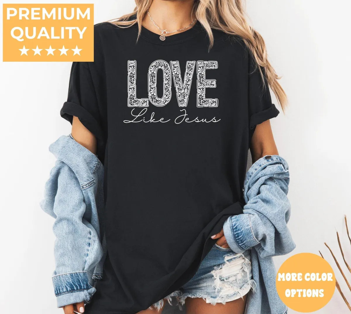 Black Comfort Colors 1717 T-shirt with Love Like Jesus design, alternate product view.