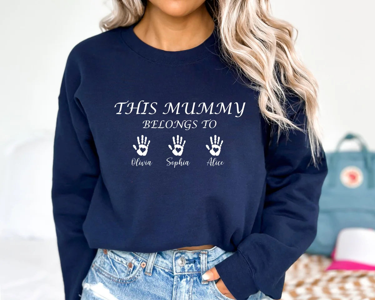 Crewneck sweatshirt with Custom This Mummy Belongs design, alternate product view.