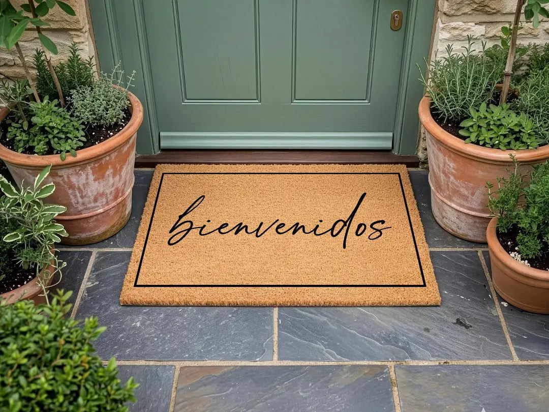 Coir doormat with a framed bienvenidos script message at a sage green door with terracotta herb pots
