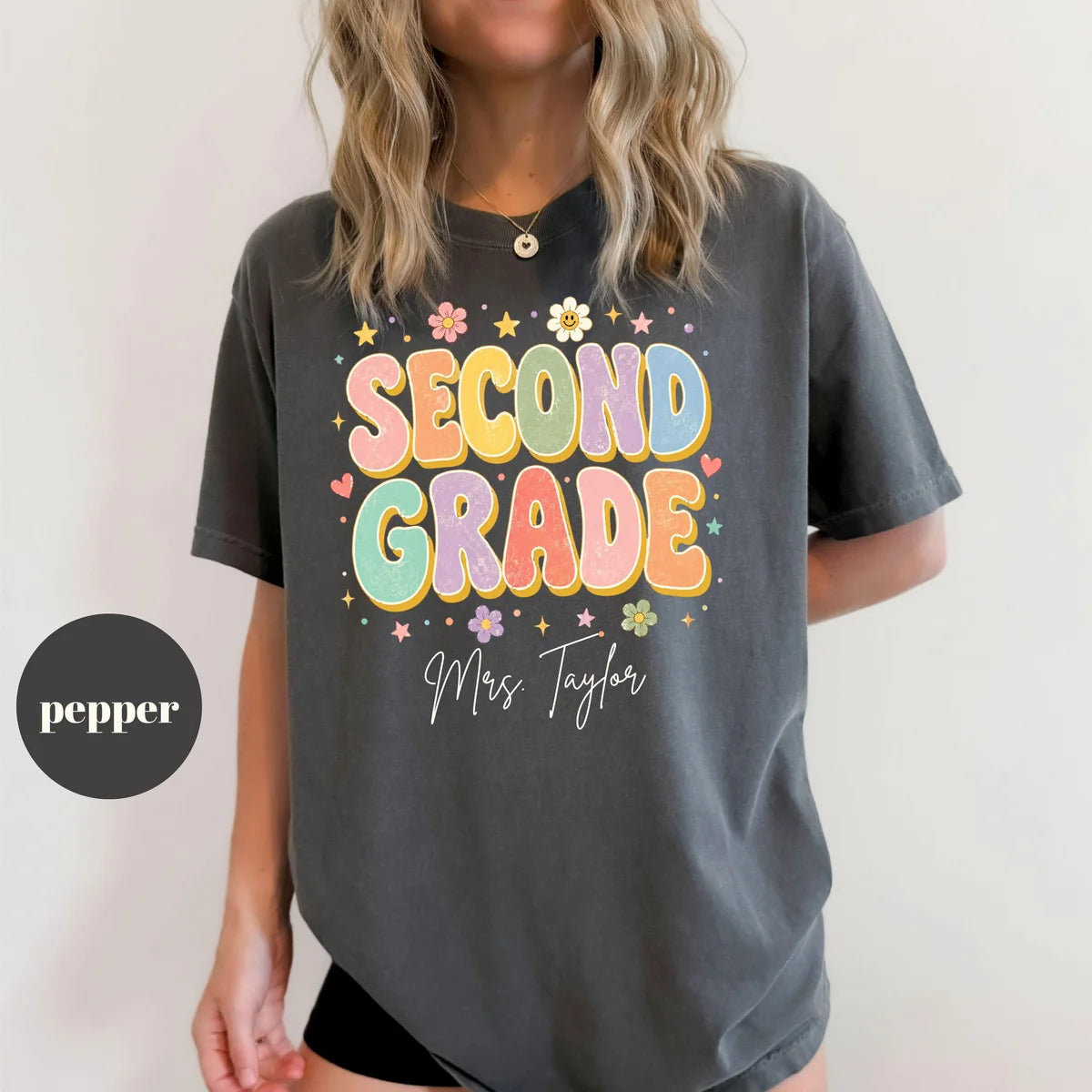 Pepper Comfort Colors 1717 T-shirt with Second Grade Teacher design view 2