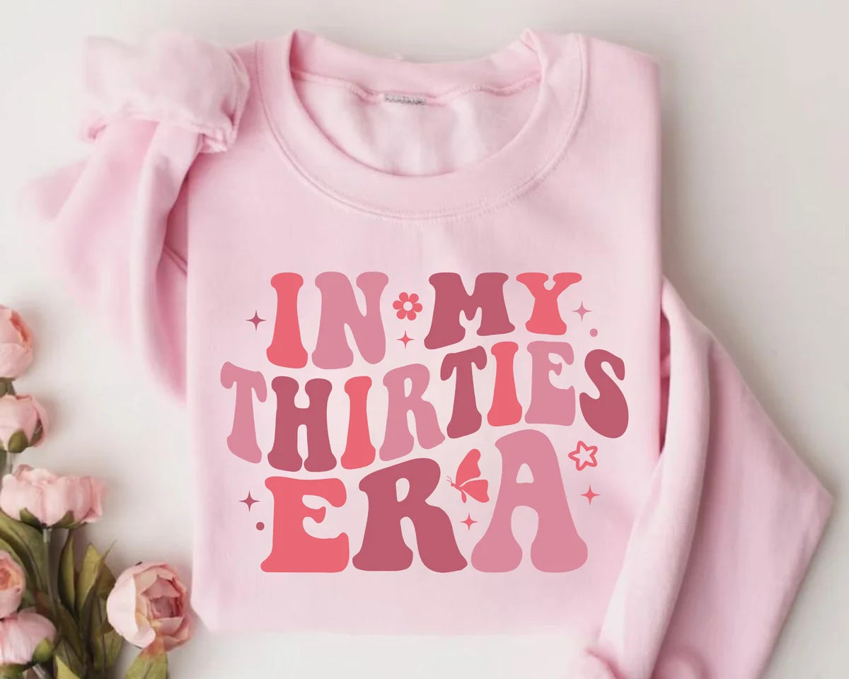 White Crewneck sweatshirt with In My Thirties Era design, alternate product view.