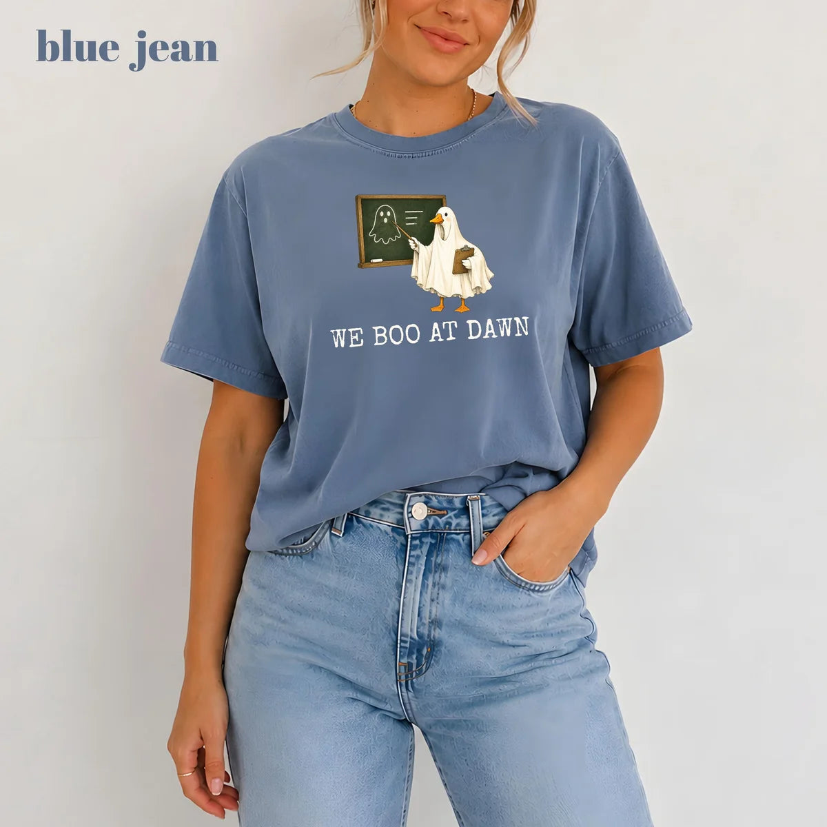Blue Jean Comfort Colors 1717 T-shirt with We Boo At Dawn Goose design worn by a model