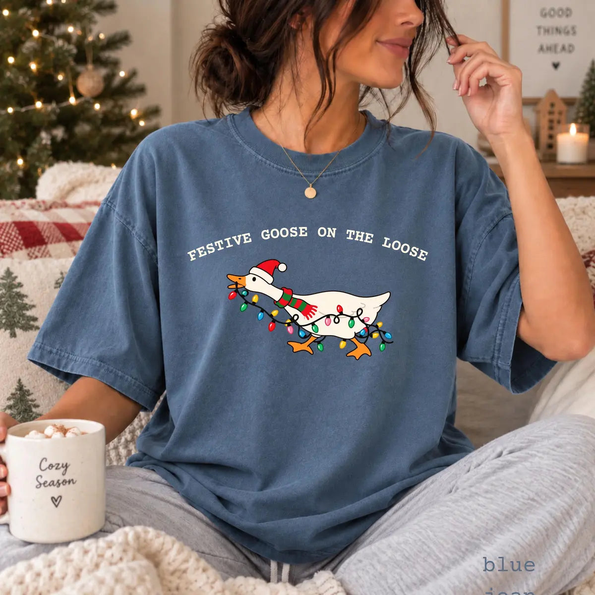 Comfort Colors 1717 T-shirt with Festive Goose on the Loose Christmas design worn by a model view 2