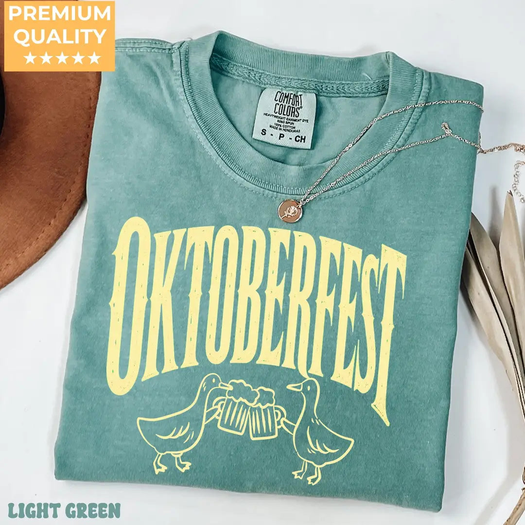 Oktoberfest Geese Beer Toast - German Festival Comfort Colors T-Shirt alternate product view in Light Green.