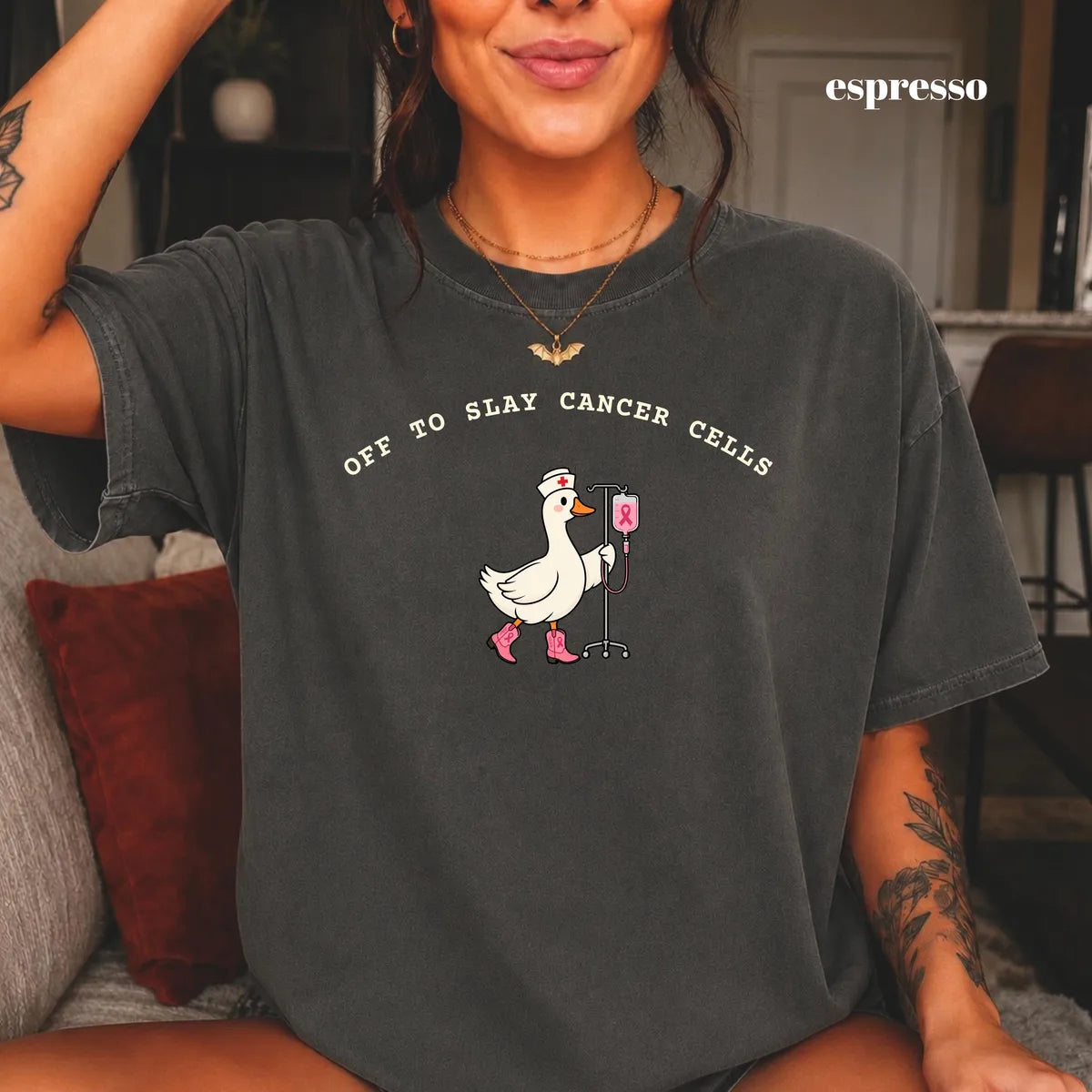 Comfort Colors 1717 T-shirt with Oncology Nurse design worn by a model view 3