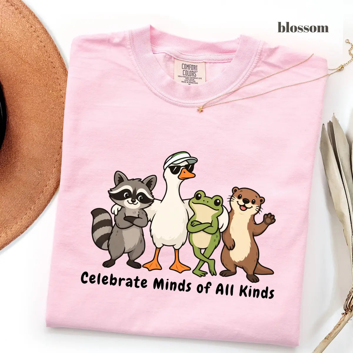 Blossom Comfort Colors 1717 T-shirt with Celebrate Minds of All Kinds design worn by a model view 2