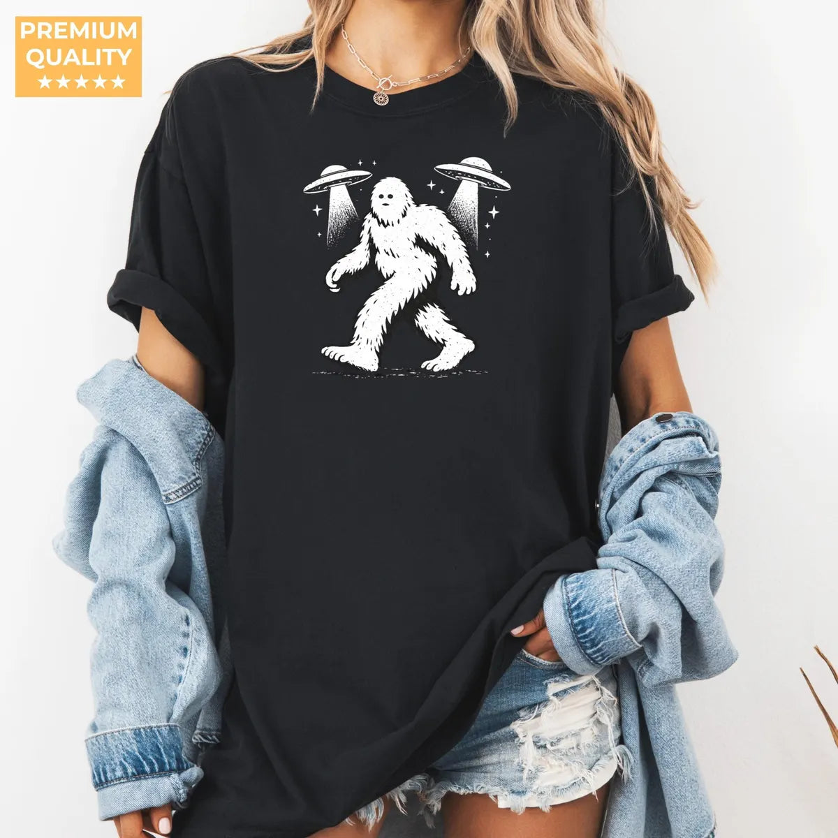 Crewneck sweatshirt with printed Bigfoot UFO design, alternate product view.