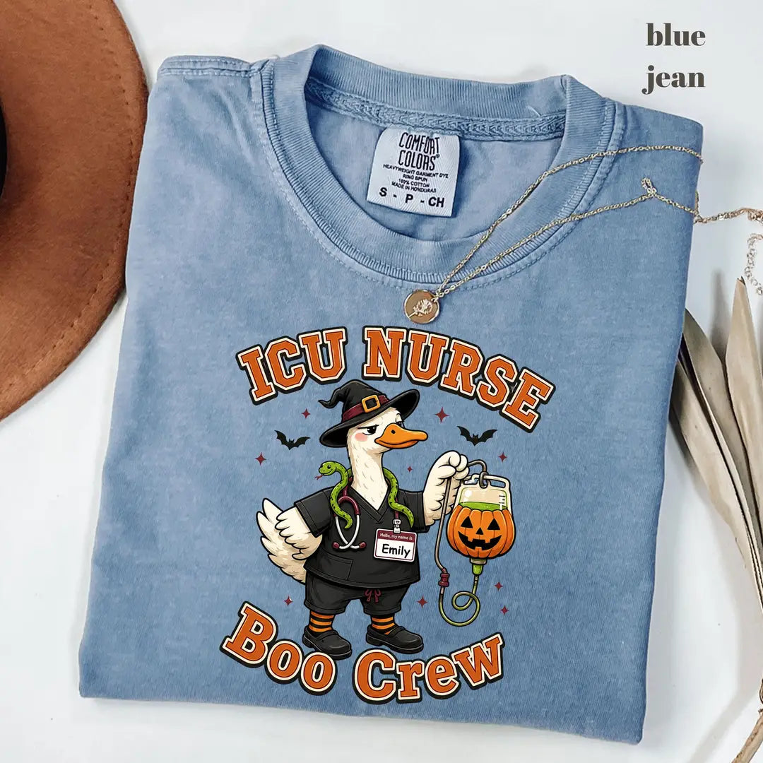 Blue Jean Comfort Colors 1717 T-shirt with ICU Nurse design worn by a model
