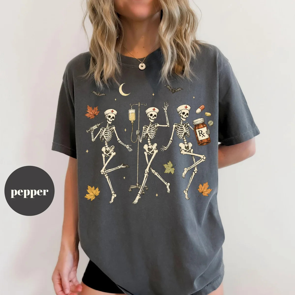 Pepper Comfort Colors 1717 T-shirt with Halloween Nurse Skeleton design