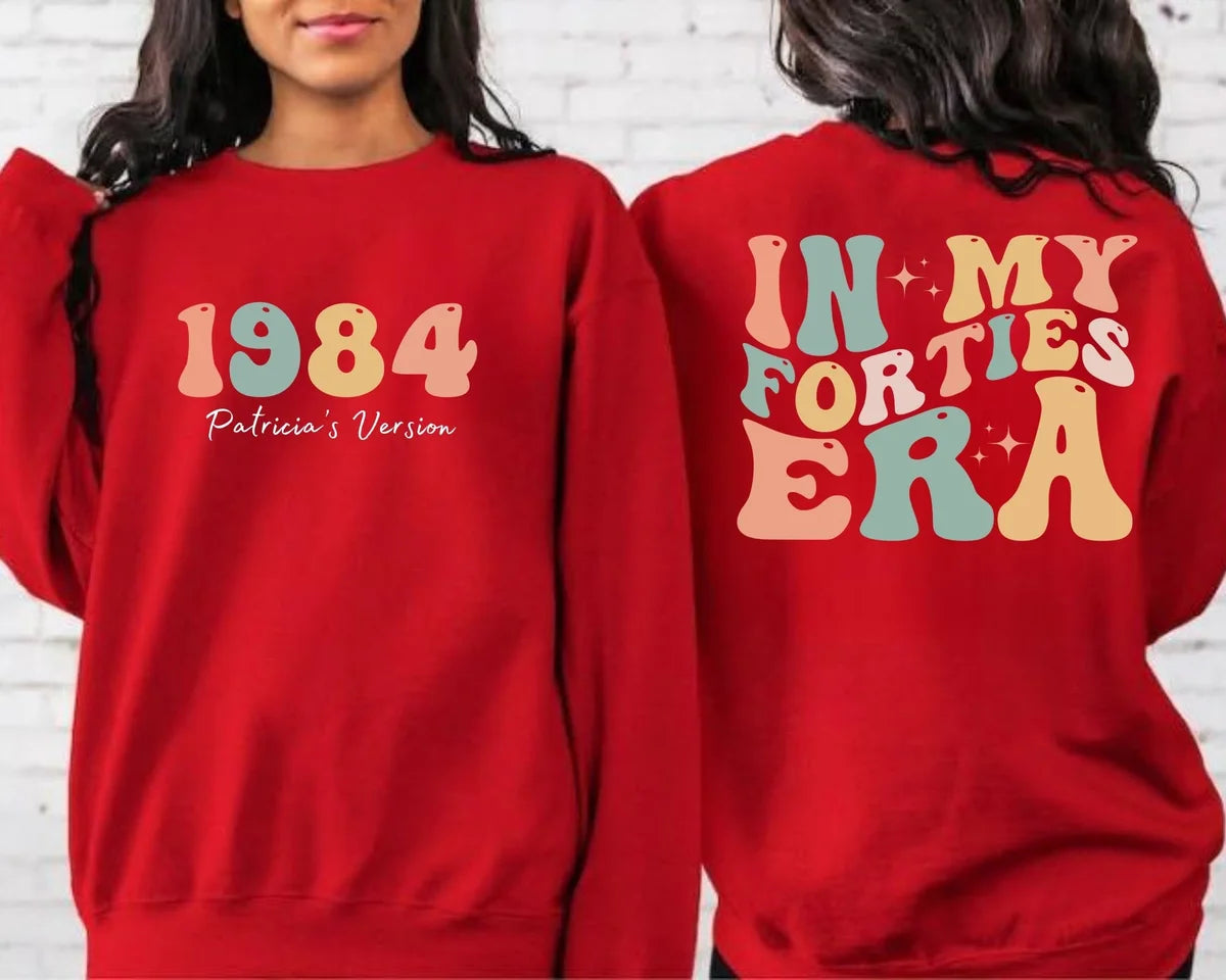 Red Crewneck sweatshirt with printed Custom In My Forties Era design, alternate product view.