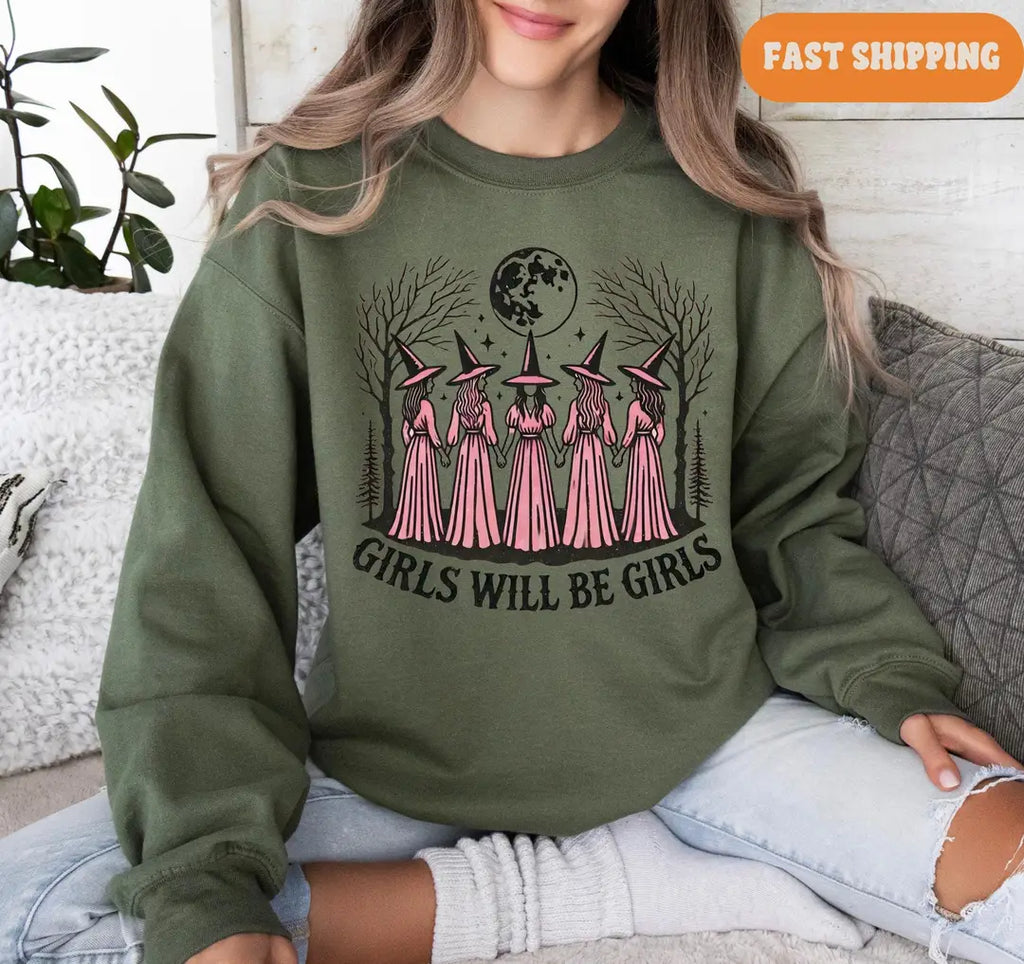 Crewneck sweatshirt with printed Vintage Girls Will Be Girls Witch design, alternate product view.