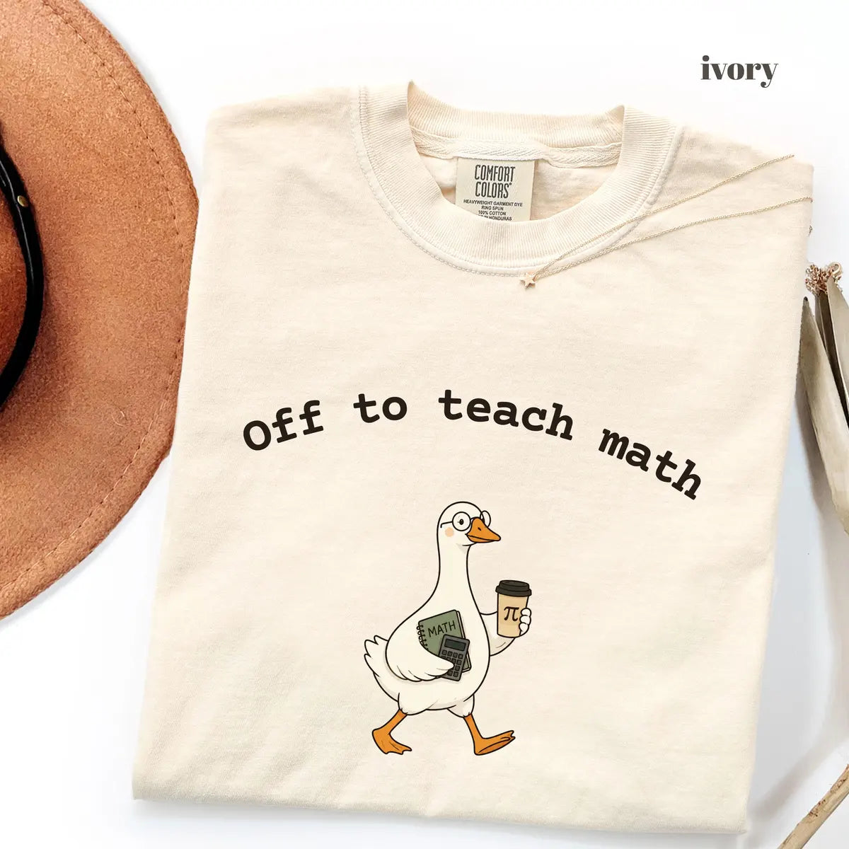 Ivory Comfort Colors 1717 T-shirt with Off to Teach Math design worn by a model