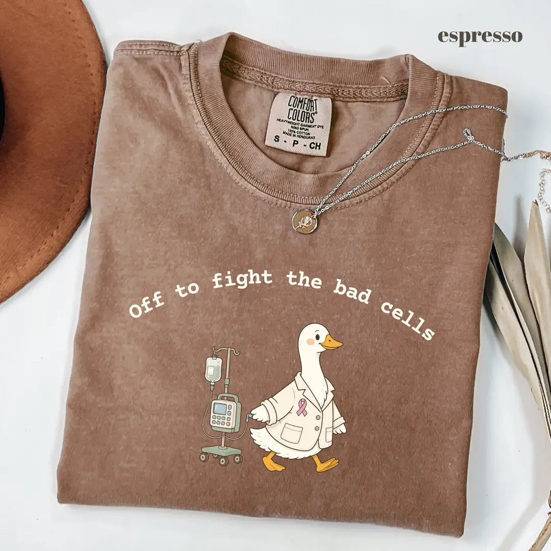 Espresso Comfort Colors 1717 T-shirt with Off to Fight the Bad Cells design worn by a model