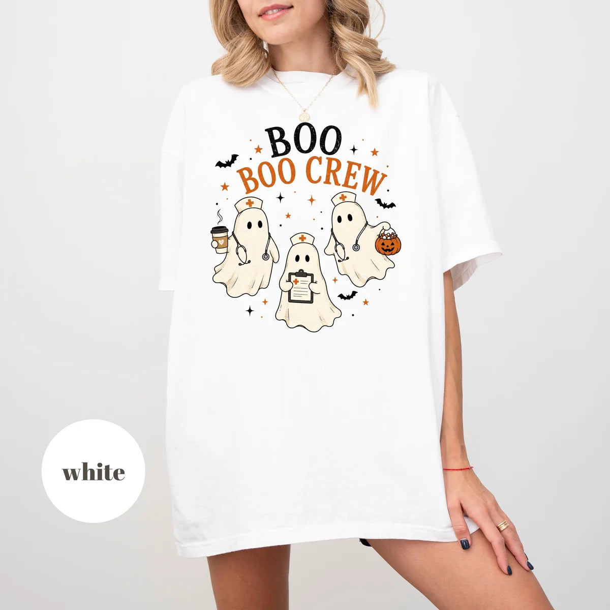 White Comfort Colors 1717 T-shirt with Boo Boo Crew Ghost Nurse design