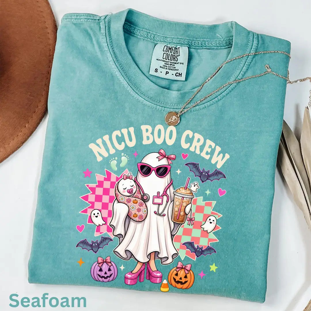 NICU Boo Crew Halloween Comfort Colors T-Shirt hero view in Seafoam.