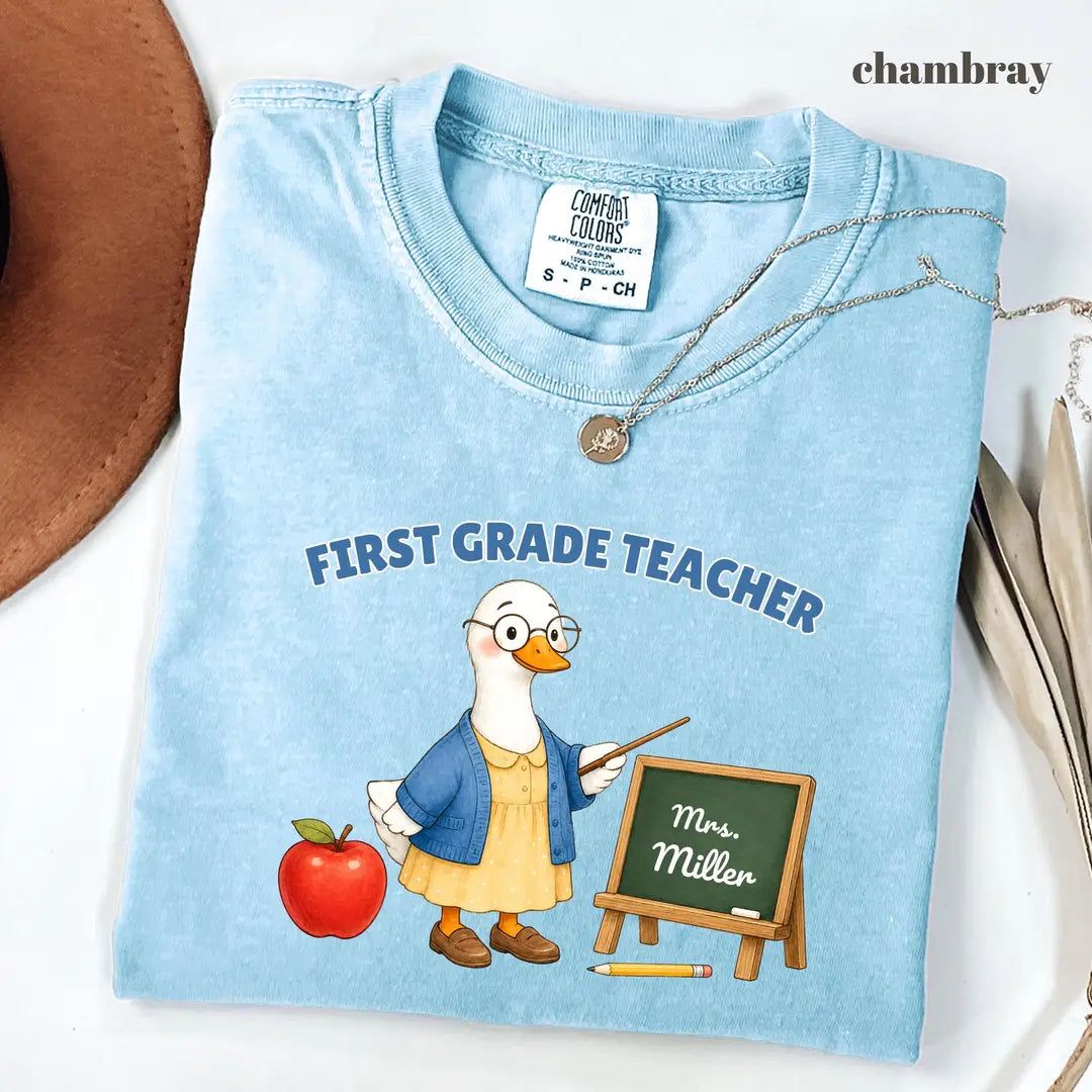 Comfort Colors 1717 T-shirt with First Grade Teacher design worn by a model view 3