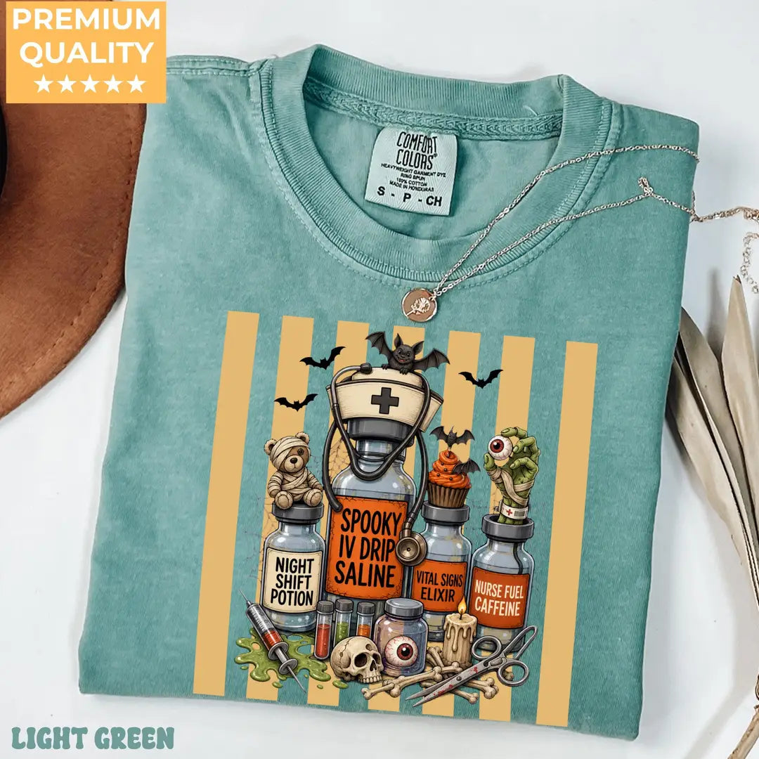 Nurse Halloween Potion Bottles Comfort Colors T-Shirt alternate product view in Light Green.