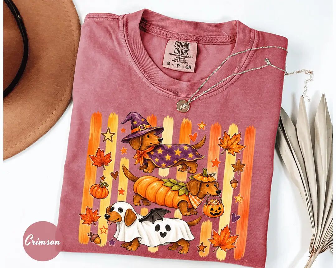 Crimson Comfort Colors 1717 T-shirt with Halloween Dachshund design