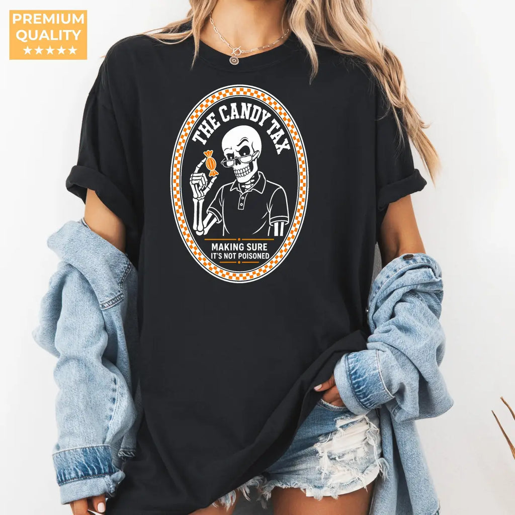The Candy Tax - Funny Halloween Dad Comfort Colors T-Shirt alternate product view in Black.