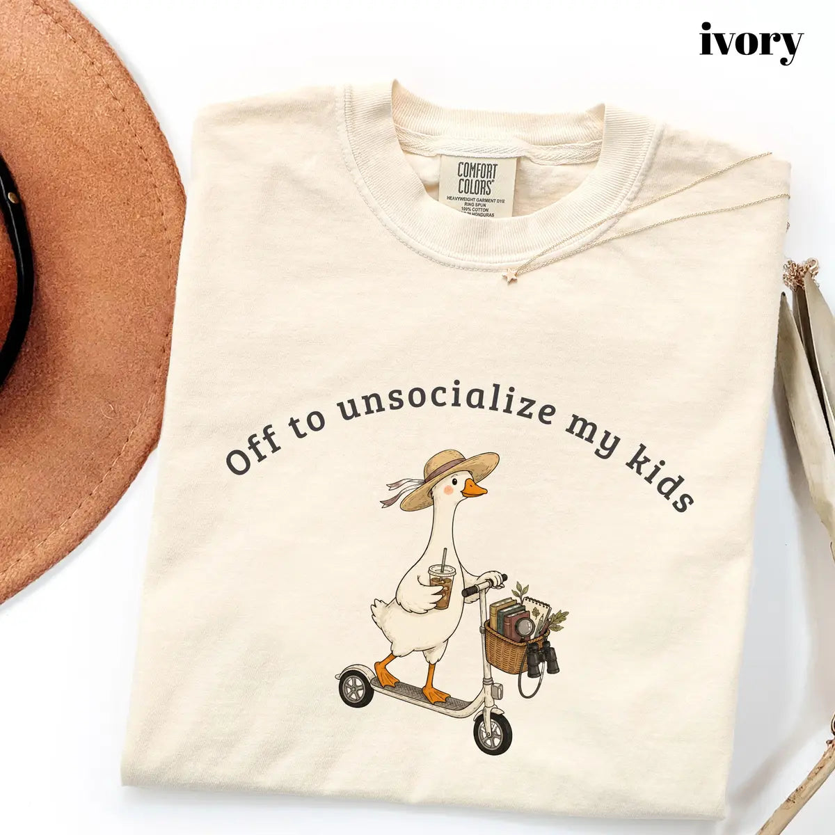 Ivory Comfort Colors 1717 T-shirt with Off To Unsocialize My Kids Goose design worn by a model
