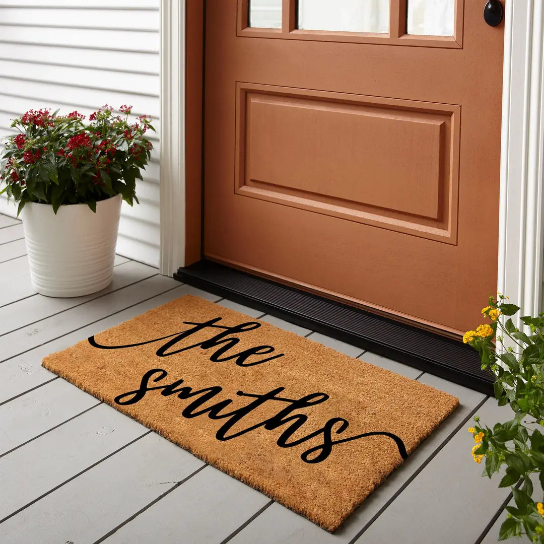 Coir doormat with a script family name and established year at a terracotta front door with potted red flowers on a gray porch