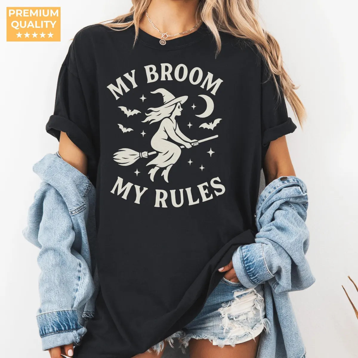 My Broom My Rules - Witch Halloween Comfort Colors T-Shirt alternate product view in Black.