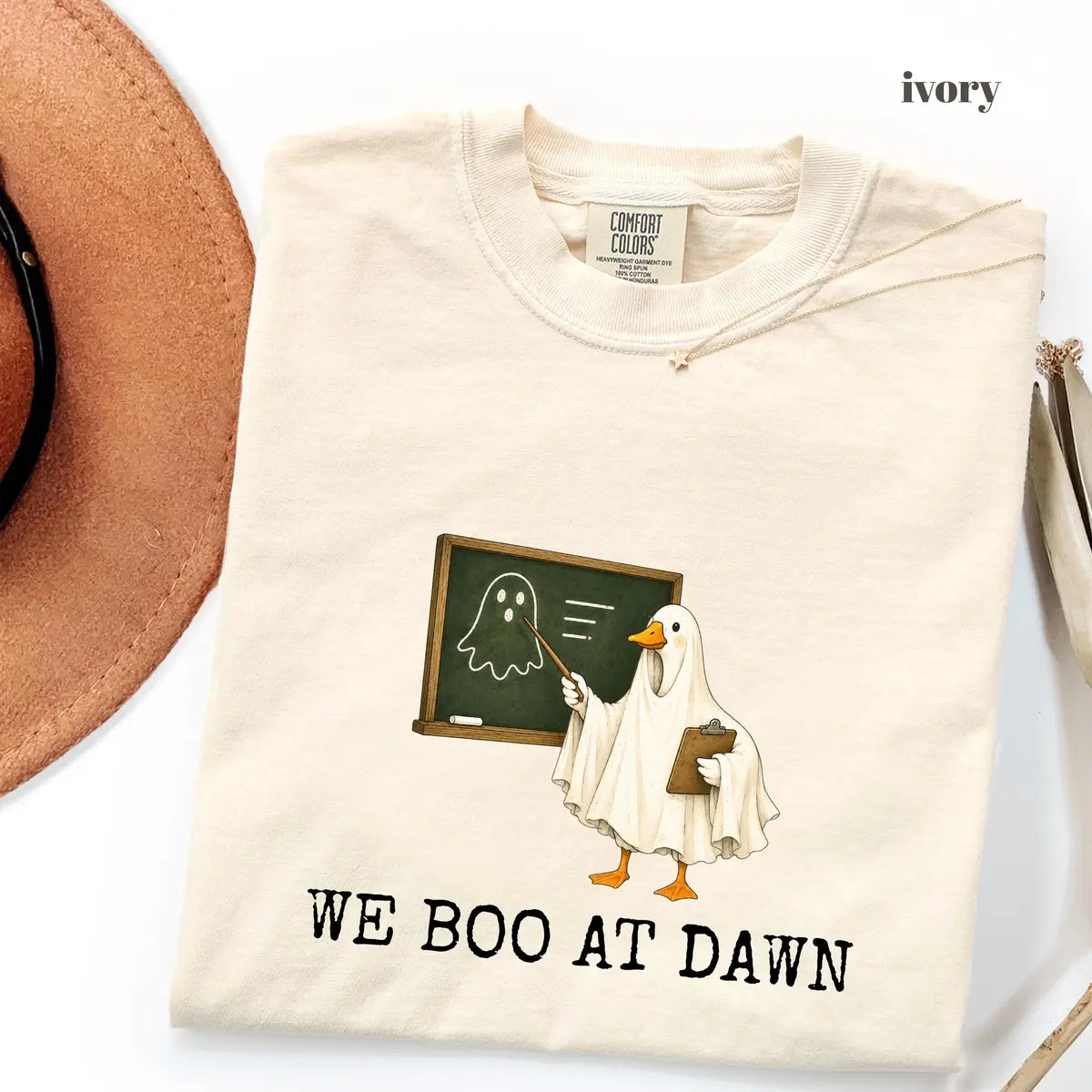 Ivory Comfort Colors 1717 T-shirt with We Boo At Dawn Goose design worn by a model