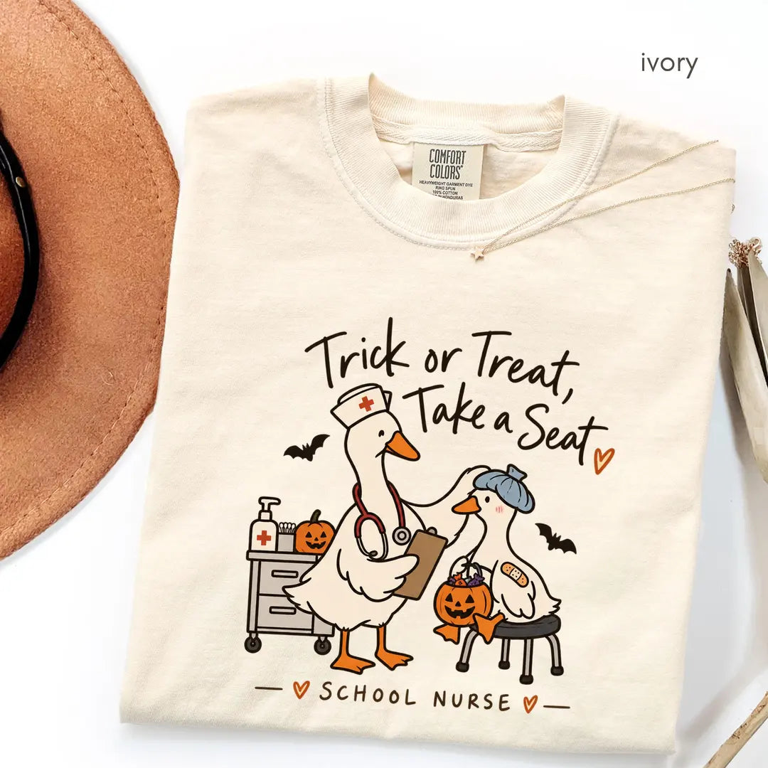 Ivory Comfort Colors 1717 T-shirt with School Nurse Halloween design