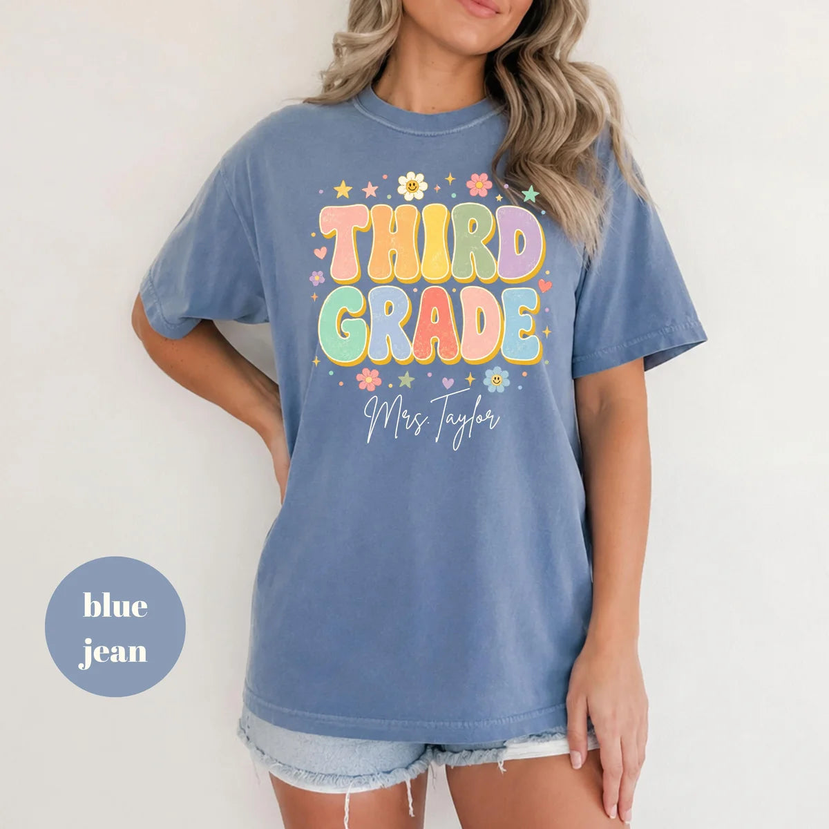 Blue Jean Comfort Colors 1717 T-shirt with Third Grade Teacher design view 2