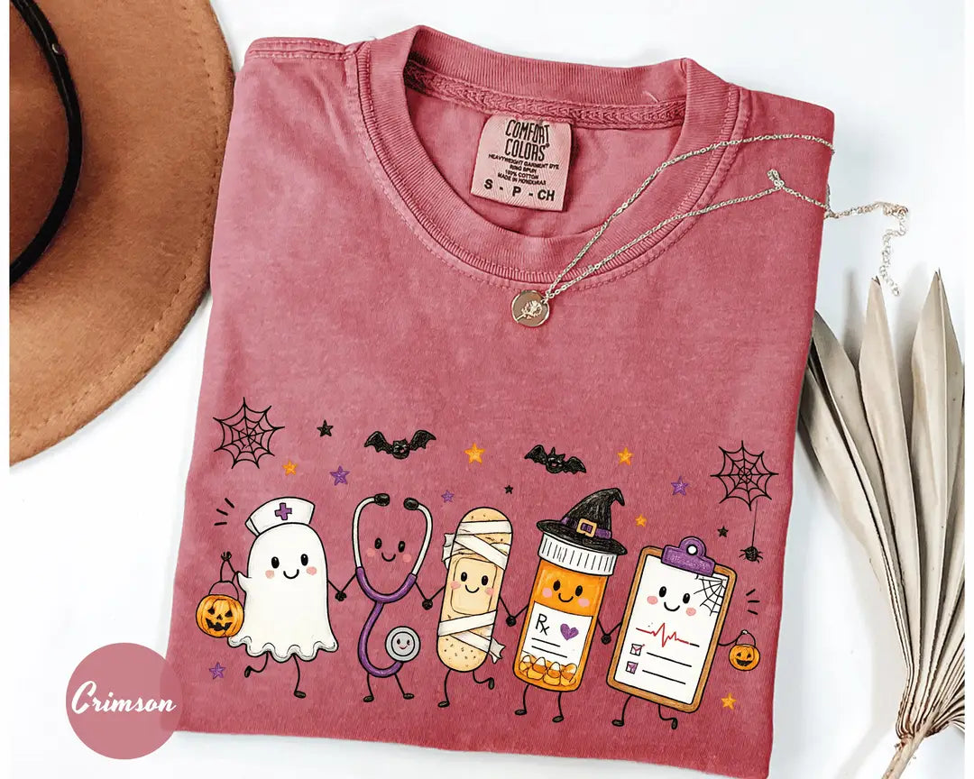 Crimson Comfort Colors 1717 T-shirt with Halloween Nurse Doodle design