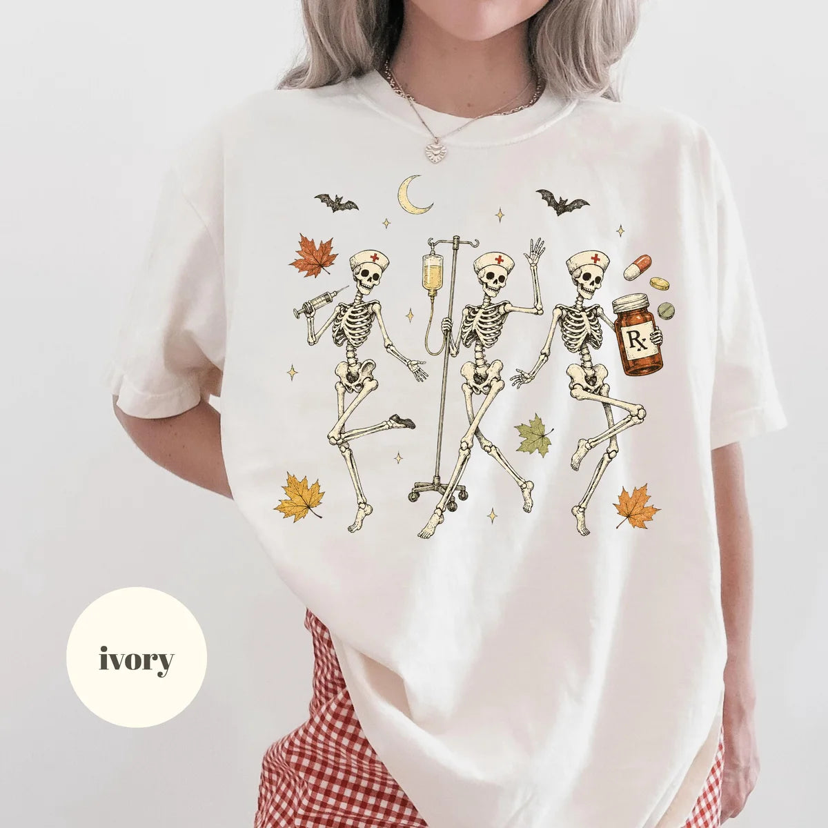 Ivory Comfort Colors 1717 T-shirt with Halloween Nurse Skeleton design