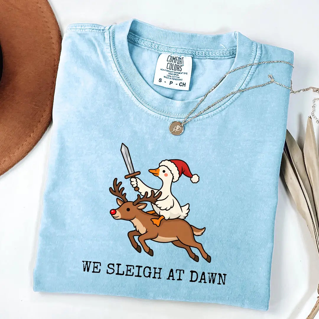 Comfort Colors 1717 T-shirt with We Sleigh at Dawn Goose design worn by a model view 8