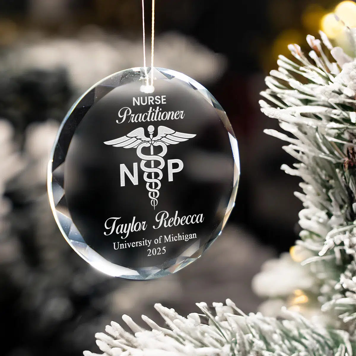 Additional view of a Nurse Practitioner personalized engraved engraved crystal glass ornament.