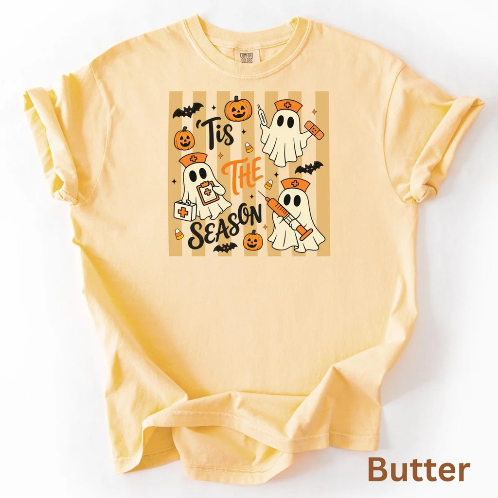 Tis The Season Nurse Halloween Comfort Colors T-Shirt alternate product view in Butter.