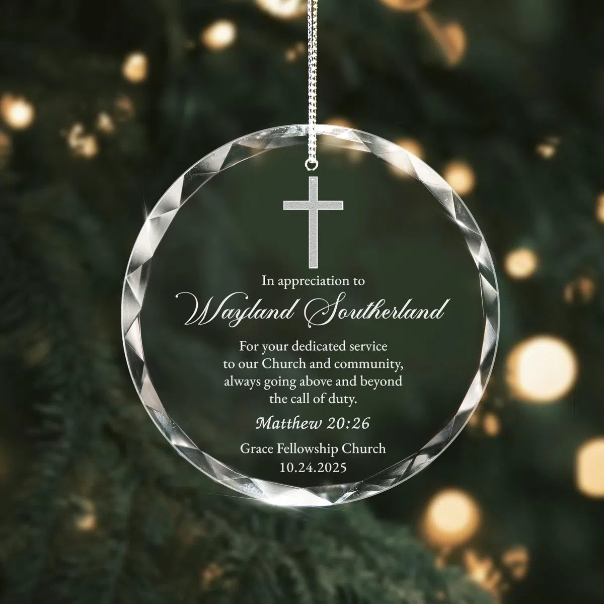 Additional view of a Church Appreciation personalized engraved engraved crystal glass ornament.