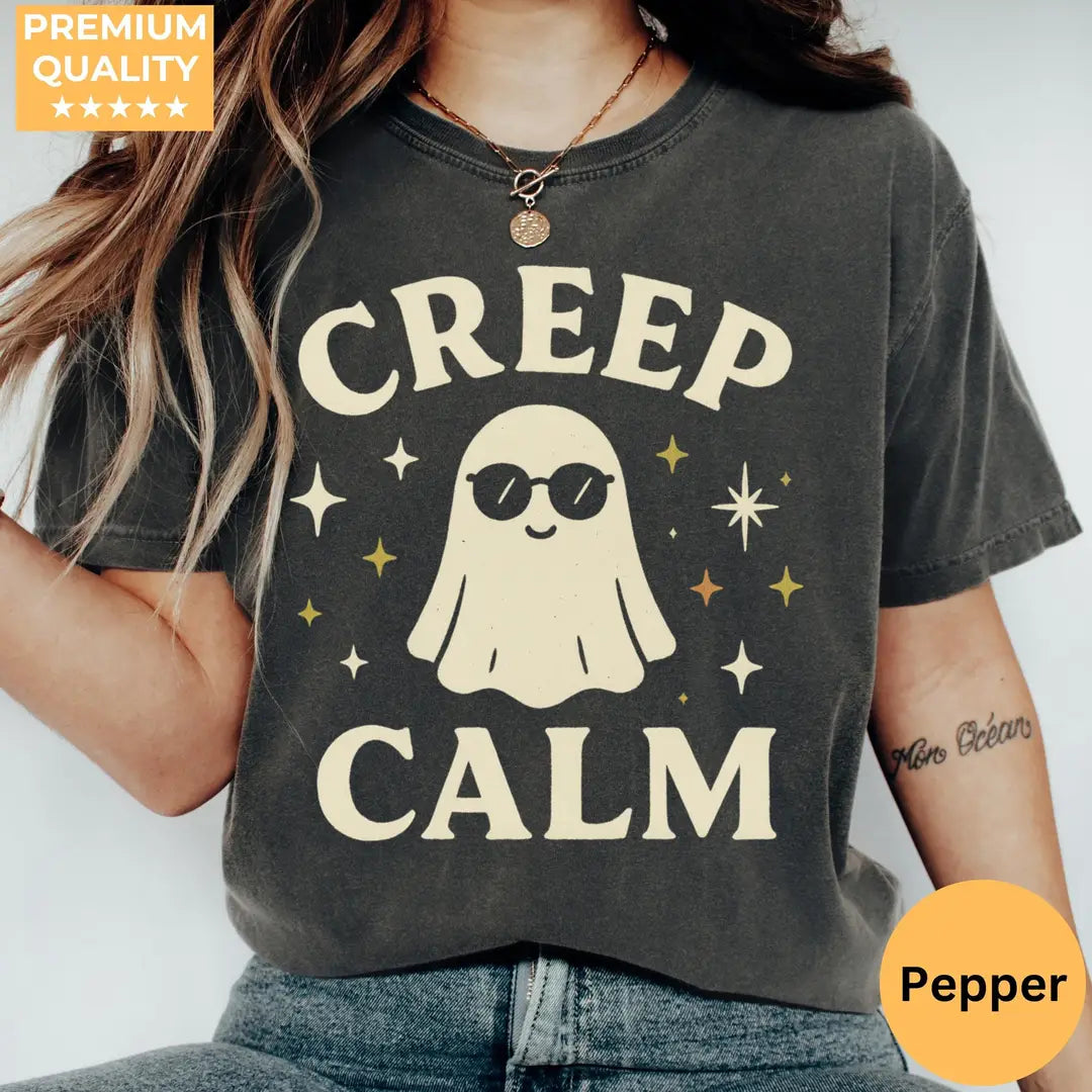 Creep Calm - Cool Ghost Halloween Comfort Colors T-Shirt hero view in Pepper.