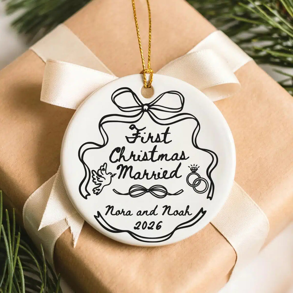 Additional view of a First Christmas Married personalized ceramic ornament.